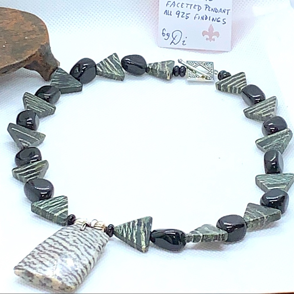 Handcrafted “Zebra” Zebra Stone, Black Agate & 925 Necklace & Earring Set